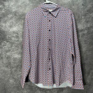 Construct Slim Fit 4 Way Stretch Geometric Print Button Shirt Mens L Orange Blue